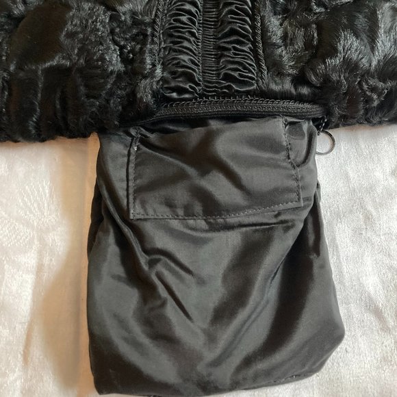 Vintage Black Fur Satin Hand Warmer Muff Bag Clutch Wristlet, Zip Pocket MINT - Picture 9 of 16